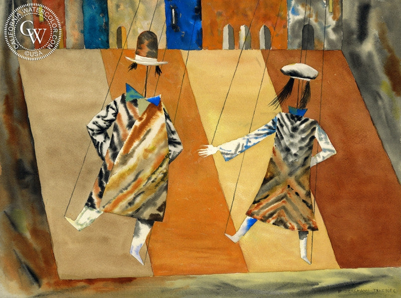Marionettes, watercolor painting by Franz Bergmann  (American art). Fine art giclée print reproduction by California Watercolor for wall decor.