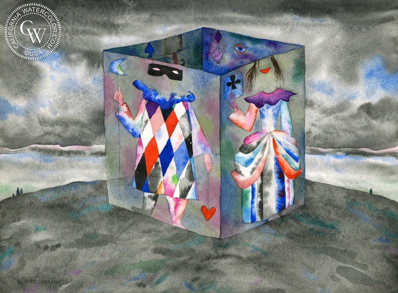 Jester Box, watercolor painting by Franz Bergmann  (American art). Fine art giclée print reproduction by California Watercolor for wall decor.