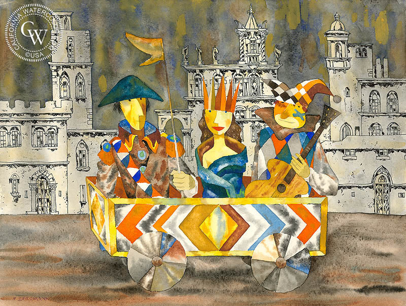 Three Jesters, watercolor painting by Franz Bergmann  (American art). Fine art giclée print reproduction by California Watercolor for wall decor.