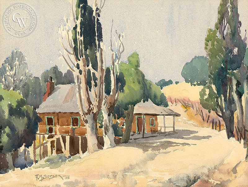 Country Home, 1935, watercolor painting by Fred Sersen  (American art). Fine art giclée print reproduction by California Watercolor for wall decor.