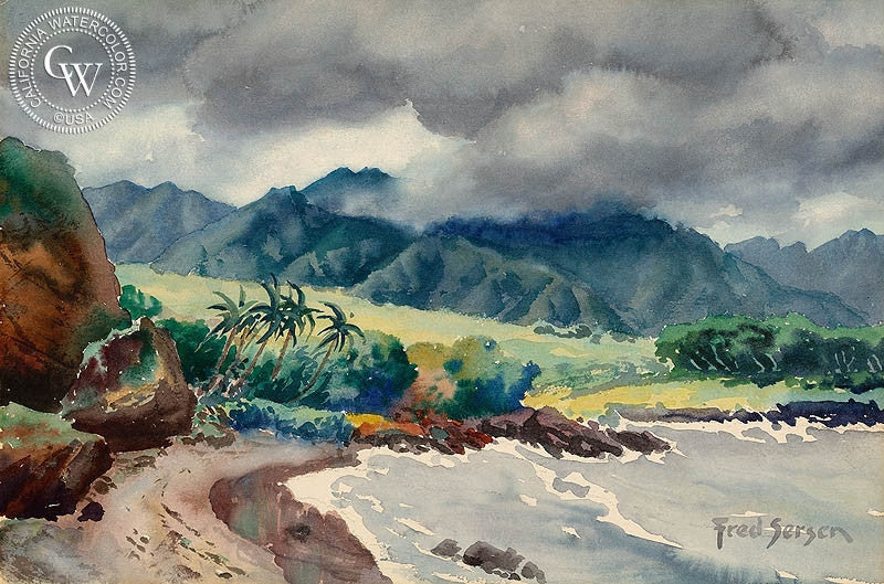 Hawaiian Coastal, watercolor painting by Fred Sersen  (American art). Fine art giclée print reproduction by California Watercolor for wall decor.