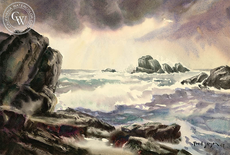 Northern California Seascape, 1947, watercolor painting by Fred Sersen  (American art). Fine art giclée print reproduction by California Watercolor for wall decor.
