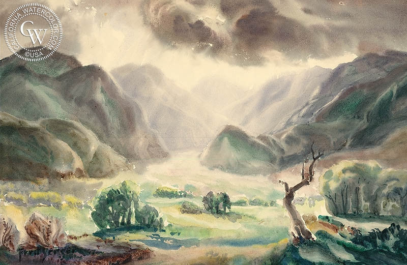Sun Struck Valley, 1947, watercolor painting by Fred Sersen  (American art). Fine art giclée print reproduction by California Watercolor for wall decor.
