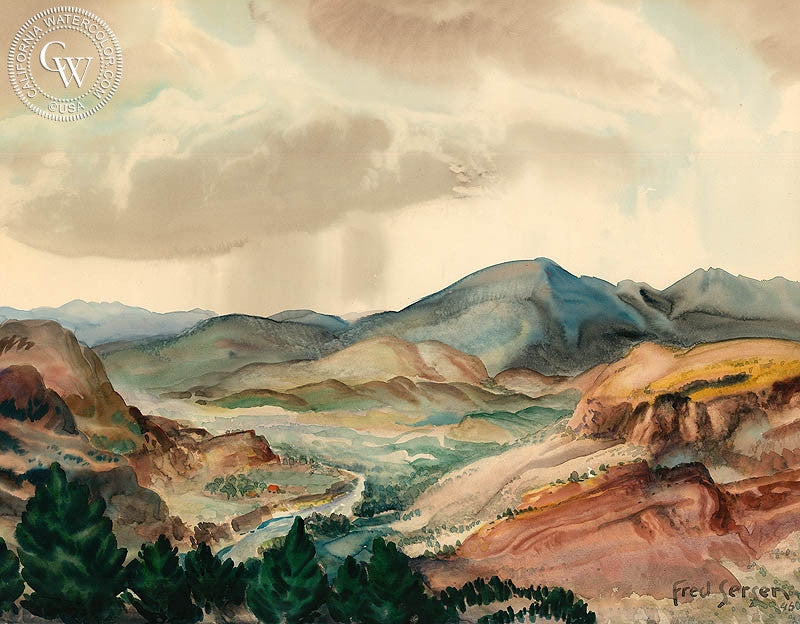 Valley, 1946, watercolor painting by Fred Sersen  (American art). Fine art giclée print reproduction by California Watercolor for wall decor.