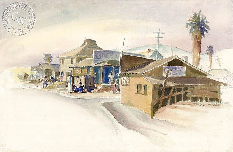 Pumping Gas, watercolor painting by Frederic Johnston  (American art). Fine art giclée print reproduction by California Watercolor for wall decor.