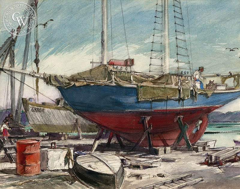 Drydock, July, 1952, watercolor painting by Frederic Whitaker (American art). Original watercolor painting by California Watercolor for wall decor.