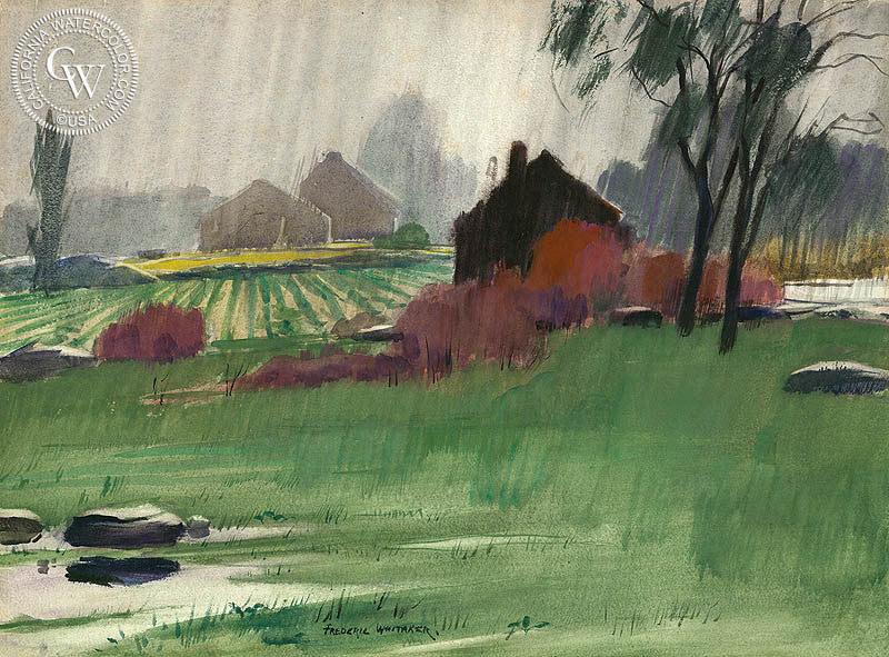 Rain, Tobacco Barns, watercolor painting by Frederic Whitaker (American art). Original watercolor painting by California Watercolor for wall decor.