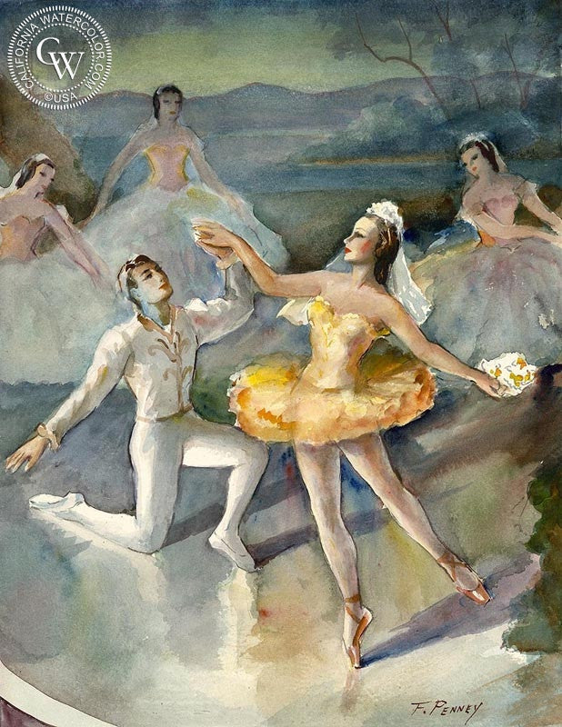 Ballerinas, watercolor painting by Frederick Penney  (American art). Fine art giclée print reproduction by California Watercolor for wall decor.