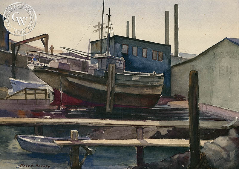 Fish Harbor, San Francisco, 1938, watercolor painting by Frederick Penney  (American art). Fine art giclée print reproduction by California Watercolor for wall decor.