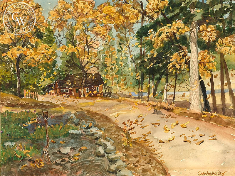 Autumn Leaves, watercolor painting by Frederick Schwankovsky  (American art). Fine art giclée print reproduction by California Watercolor for wall decor.