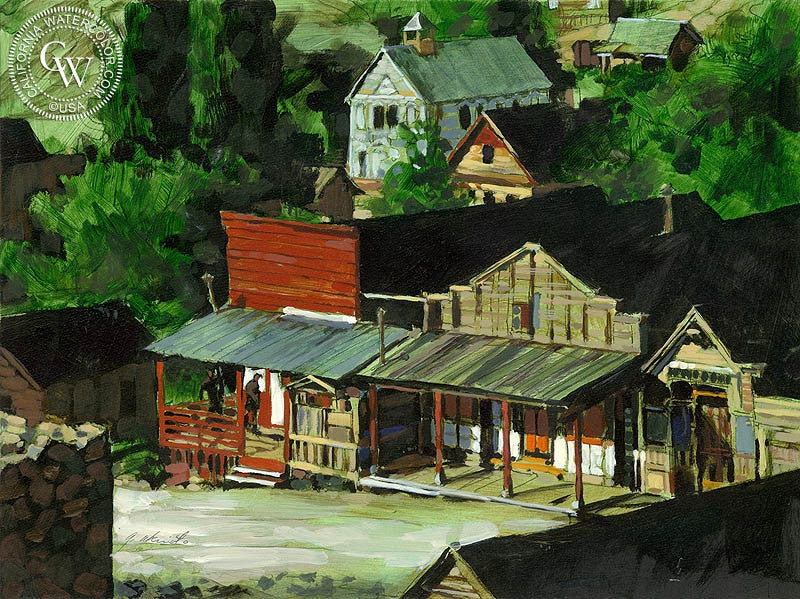 Western Town, watercolor painting by George Akimoto  (American art). Fine art giclée print reproduction by California Watercolor for wall decor.