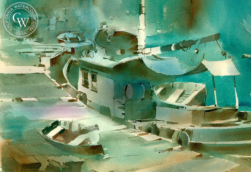 Dockside, Newport Beach, c. 1952, watercolor painting by George James (American art). Original watercolor painting by California Watercolor for wall decor.