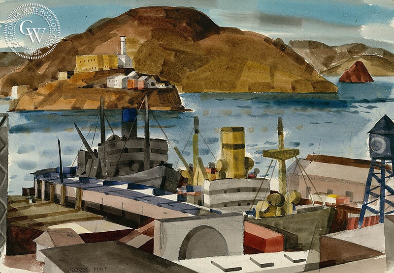 Bay and Funnels, 1946, art by George Post – California Watercolor