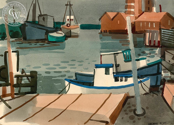 Boat Landing, Alviso, 1951, California art by George Post. HD giclee art prints for sale at CaliforniaWatercolor.com - original California paintings, & premium giclee prints for sale