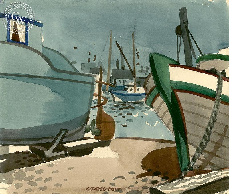 Boats in Dry Dock, watercolor painting by George Post  (American art). Fine art giclée print reproduction by California Watercolor for wall decor.