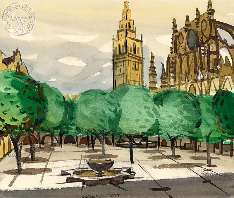Court of the Oranges, Seville, watercolor painting by George Post  (American art). Fine art giclée print reproduction by California Watercolor for wall decor.
