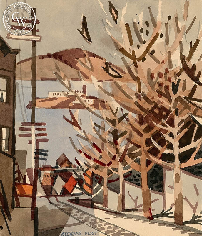 Hyde Street Hill, watercolor painting by George Post  (American art). Fine art giclée print reproduction by California Watercolor for wall decor.