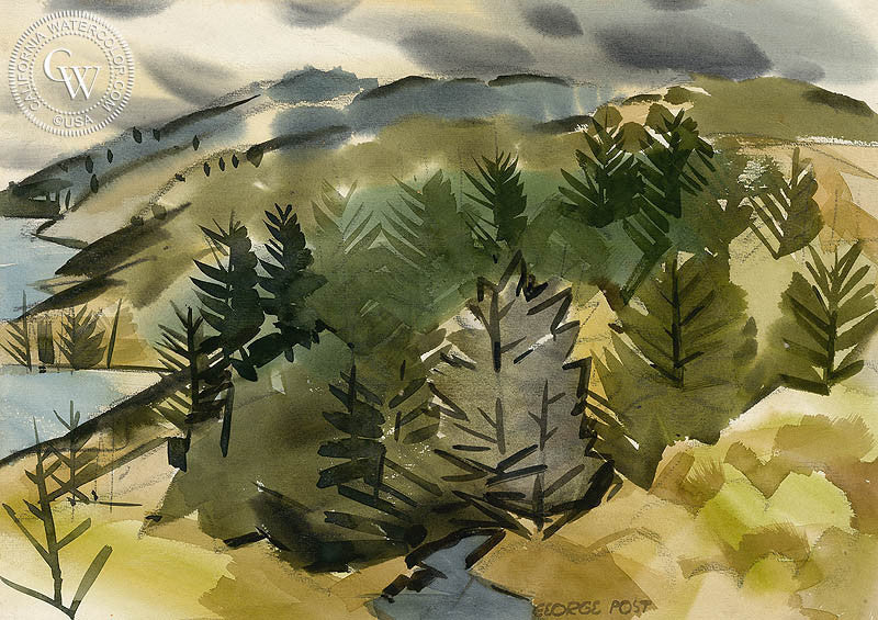 California Landscape, watercolor painting by George Post  (American art). Fine art giclée print reproduction by California Watercolor for wall decor.
