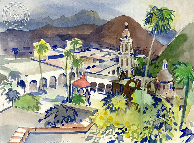絵画 70s Mexico art Los Alamos, Mexico, 1970, art by George Post – California Watercolor