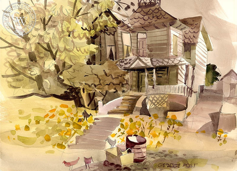 Old Queen Anne House, watercolor painting by George Post  (American art). Fine art giclée print reproduction by California Watercolor for wall decor.
