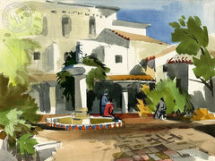 Patio, Carmel Mission, California art by George Post. HD giclee art prints for sale at CaliforniaWatercolor.com - original California paintings, & premium giclee prints for sale