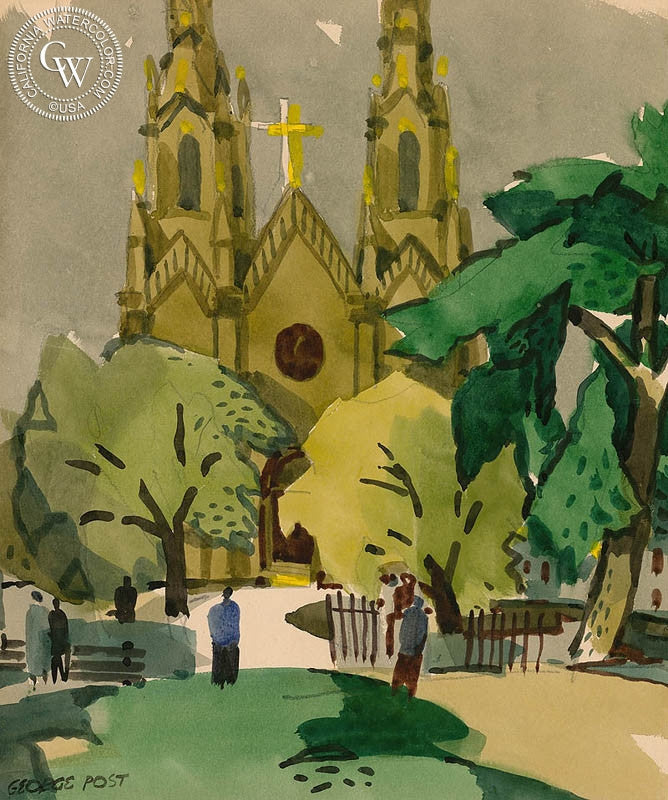 Saints Peter and Paul Church, watercolor painting by George Post  (American art). Fine art giclée print reproduction by California Watercolor for wall decor.