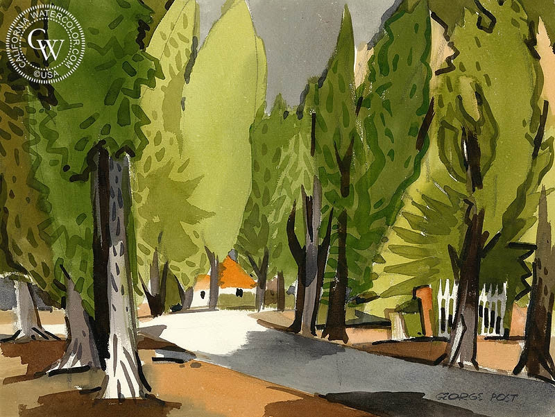 San Mateo Street, 1957, watercolor painting by George Post  (American art). Fine art giclée print reproduction by California Watercolor for wall decor.