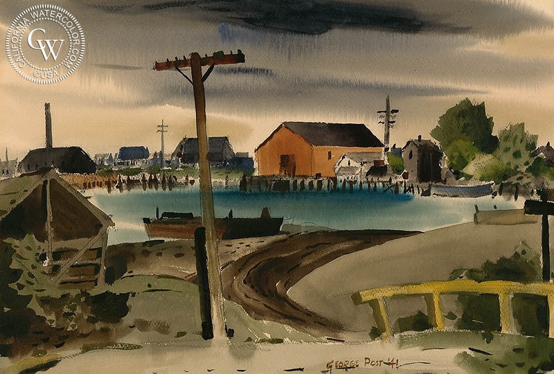 Swinomish Slough, LaConner, WA, 1941, watercolor painting by George Post  (American art). Fine art giclée print reproduction by California Watercolor for wall decor.
