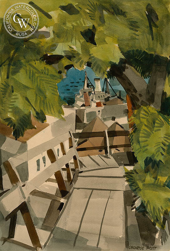 Greenwich St. Steps, Telegraph Hill, 1949, watercolor painting by George Post  (American art). Fine art giclée print reproduction by California Watercolor for wall decor.