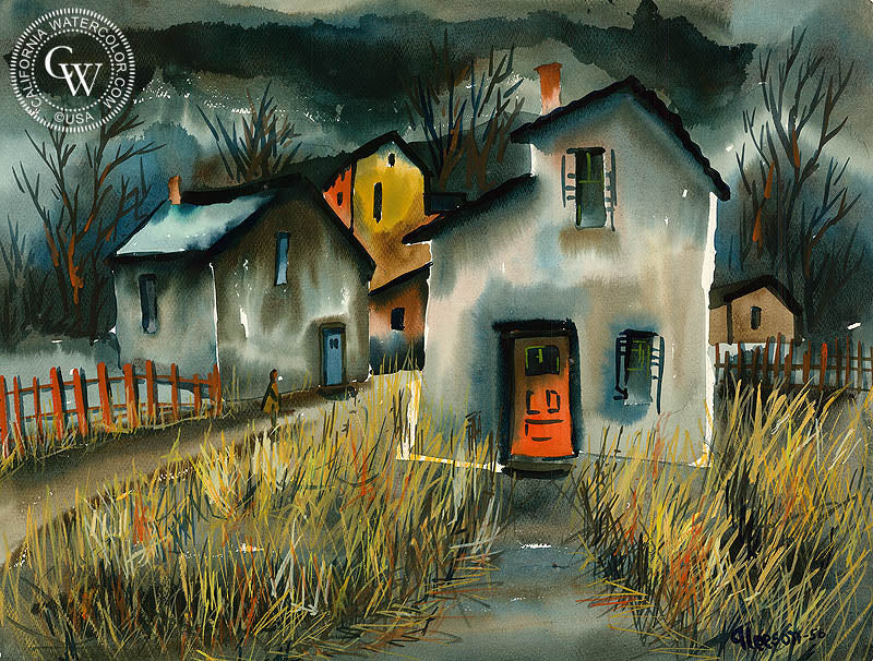 House with Red Door, 1956, watercolor painting by Gerald Collins Gleeson  (American art). Fine art giclée print reproduction by California Watercolor for wall decor.