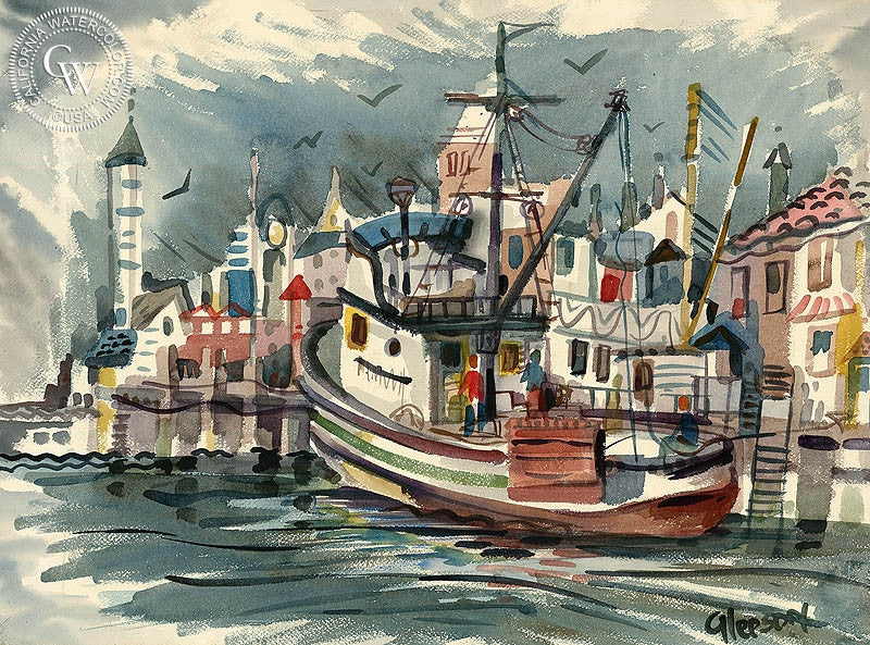 Fishing Boat, c. 1950, watercolor painting by Gerald Collins Gleeson  (American art). Fine art giclée print reproduction by California Watercolor for wall decor.