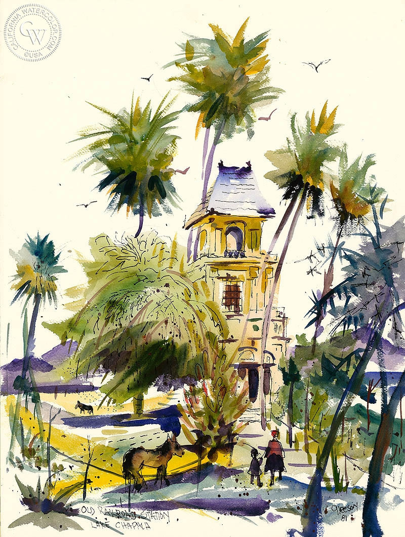 Old Railroad Station, Lake Chapala, watercolor painting by Gerald Collins Gleeson  (American art). Fine art giclée print reproduction by California Watercolor for wall decor.