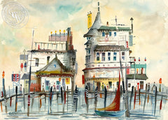 Pier with Boat, California art by Gerald Collins Gleeson. HD giclee art prints for sale at CaliforniaWatercolor.com - original California paintings, & premium giclee prints for sale