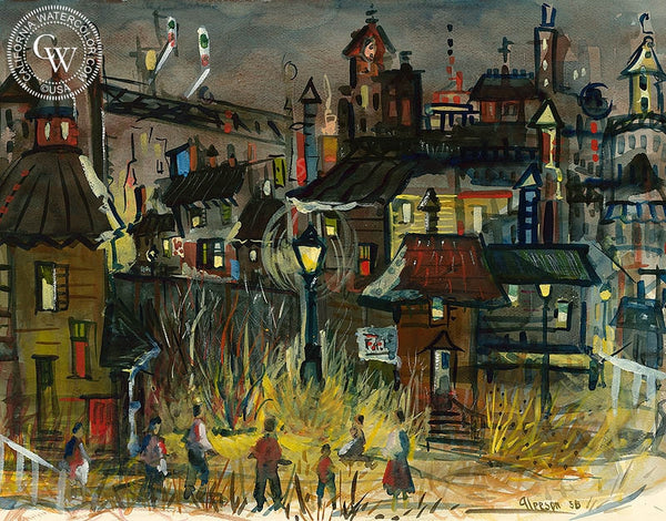 Playing Under the Lights, 1958, California art by Gerald Collins Gleeson. HD giclee art prints for sale at CaliforniaWatercolor.com - original California paintings, & premium giclee prints for sale