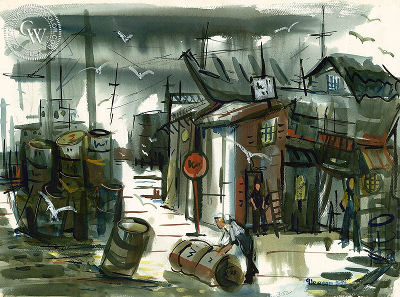 The Wharf, 1952, watercolor painting by Gerald Collins Gleeson  (American art). Fine art giclée print reproduction by California Watercolor for wall decor.