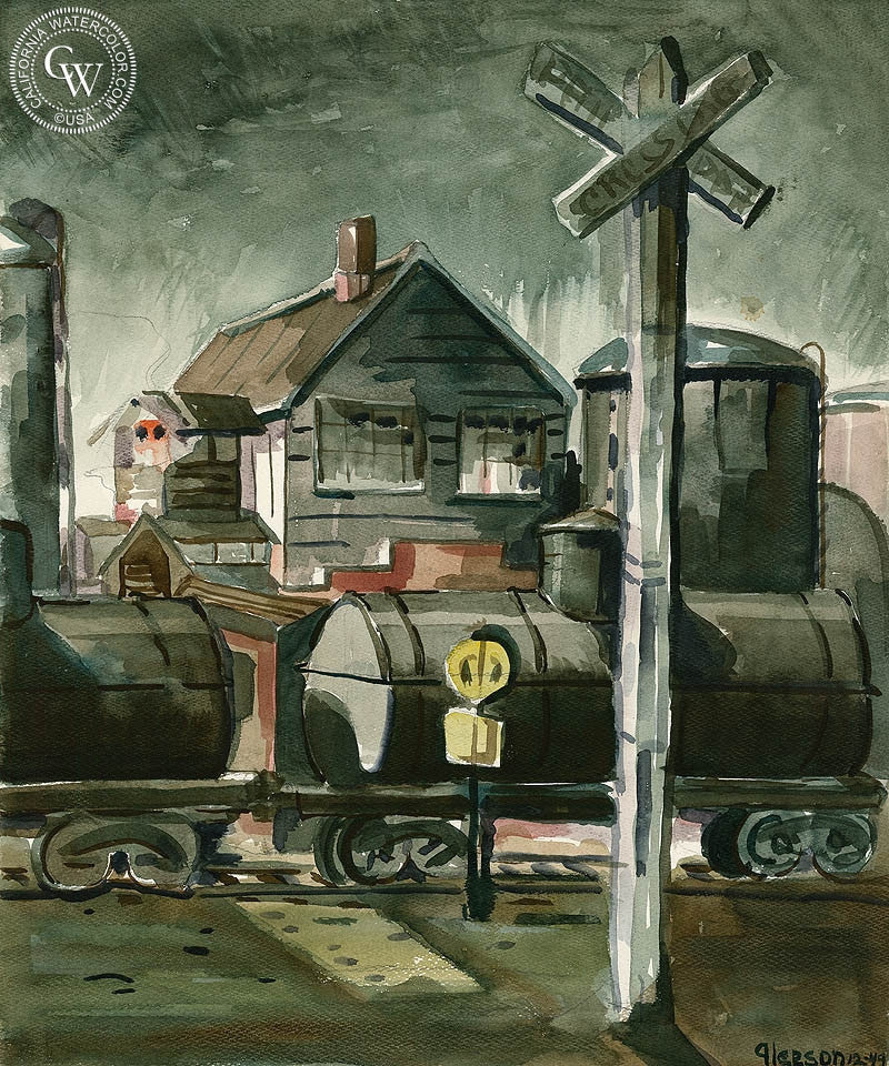 Train Depot, 1949, watercolor painting by Gerald Collins Gleeson  (American art). Fine art giclée print reproduction by California Watercolor for wall decor.