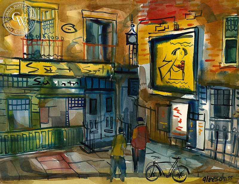 Two Men and a Bicycle, 1955, watercolor painting by Gerald Collins Gleeson  (American art). Fine art giclée print reproduction by California Watercolor for wall decor.