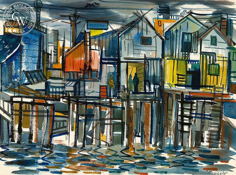 Wharf Scene, watercolor painting by Gerald Collins Gleeson  (American art). Fine art giclée print reproduction by California Watercolor for wall decor.