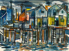 Wharf Scene, California art by Gerald Collins Gleeson. HD giclee art prints for sale at CaliforniaWatercolor.com - original California paintings, & premium giclee prints for sale