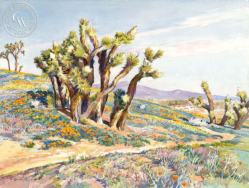 Antelope Valley Poppies, watercolor painting by Glen Knowles  (American art). Fine art giclée print reproduction by California Watercolor for wall decor.