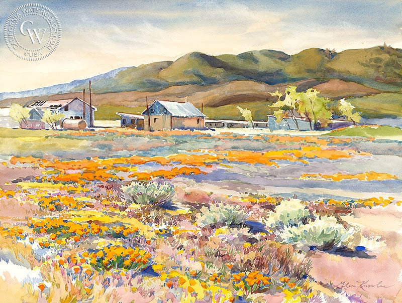 California Poppies and Adobe Ranch, watercolor painting by Glen Knowles  (American art). Fine art giclée print reproduction by California Watercolor for wall decor.