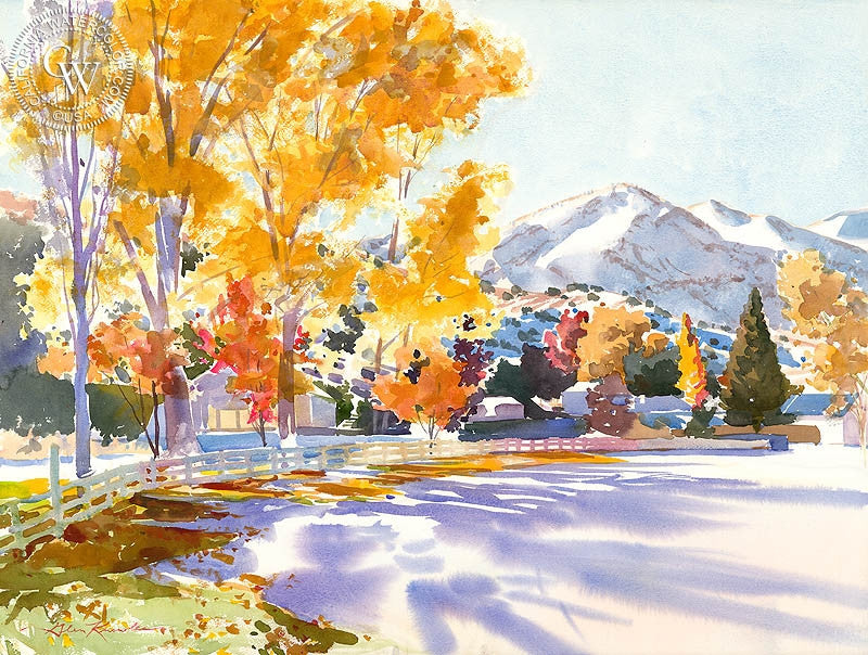 Fall Shadows, watercolor painting by Glen Knowles  (American art). Fine art giclée print reproduction by California Watercolor for wall decor.