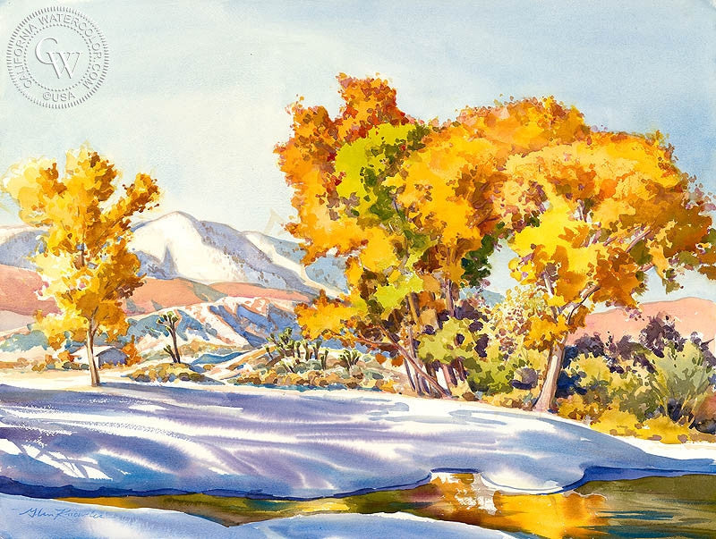 First Snow of Autumn, watercolor painting by Glen Knowles  (American art). Fine art giclée print reproduction by California Watercolor for wall decor.