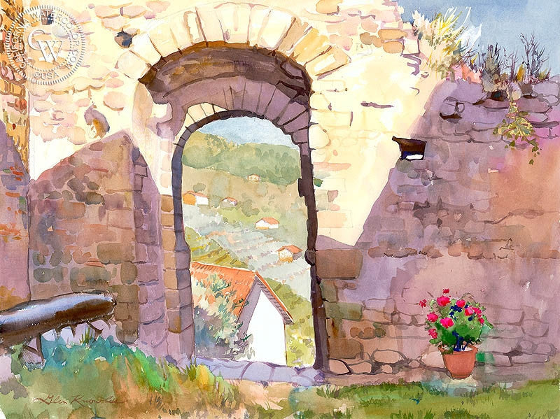 Gateway to Tuscany, watercolor painting by Glen Knowles  (American art). Fine art giclée print reproduction by California Watercolor for wall decor.
