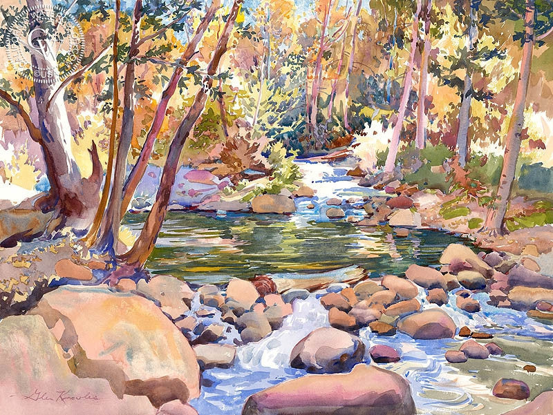 Hidden Pool, Big Rock Creek, watercolor painting by Glen Knowles  (American art). Fine art giclée print reproduction by California Watercolor for wall decor.