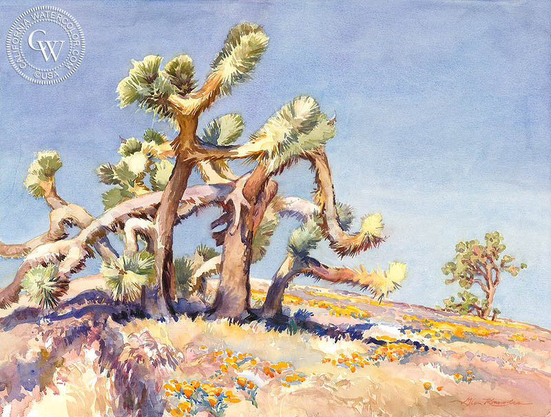 Joshua Trees Playing Twister, watercolor painting by Glen Knowles  (American art). Fine art giclée print reproduction by California Watercolor for wall decor.