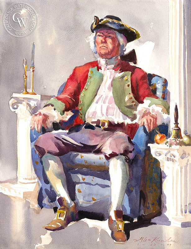 Member of the First Tea Party, watercolor painting by Glen Knowles  (American art). Fine art giclée print reproduction by California Watercolor for wall decor.