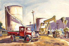 Oil Derrick, California art by Glen Knowles. HD giclee art prints for sale at CaliforniaWatercolor.com - original California paintings, & premium giclee prints for sale