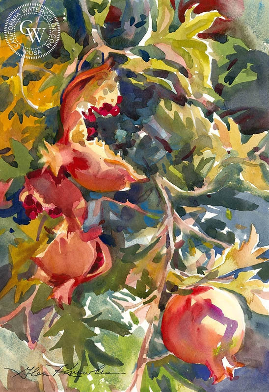 Pomegranates, watercolor painting by Glen Knowles  (American art). Fine art giclée print reproduction by California Watercolor for wall decor.