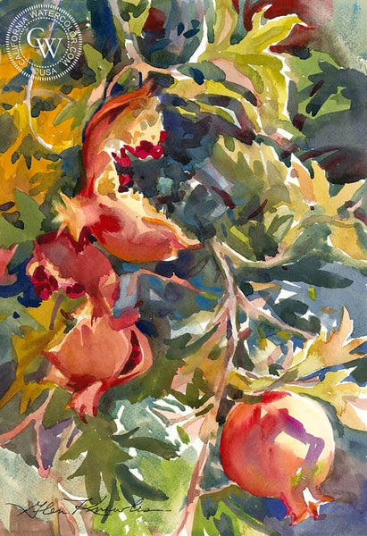 Pomegranates, California art by Glen Knowles. HD giclee art prints for sale at CaliforniaWatercolor.com - original California paintings, & premium giclee prints for sale
